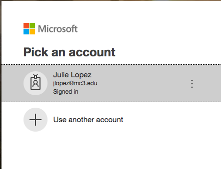 This is an image of the Microsoft logo to the top left with the words Pick an account below. The choices include your own email address being listed or a plus sign in a circle with the words Use another account to the right. 